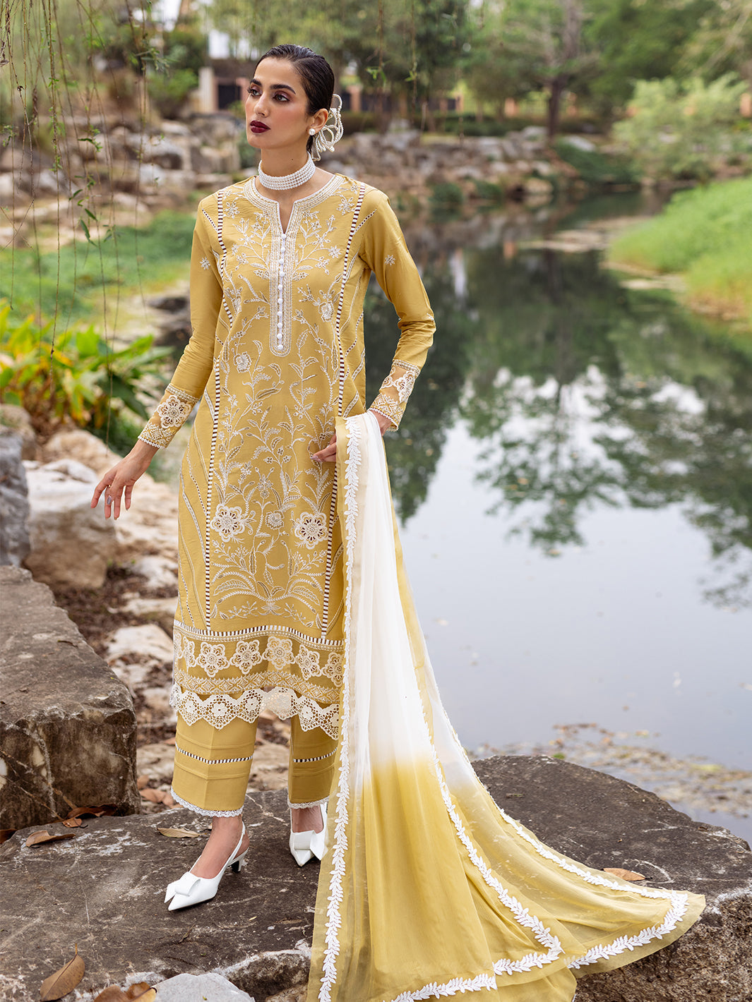 Roheenaz | Dahlia Embroidered Lawn 24 | Forsythia - House of Zarish