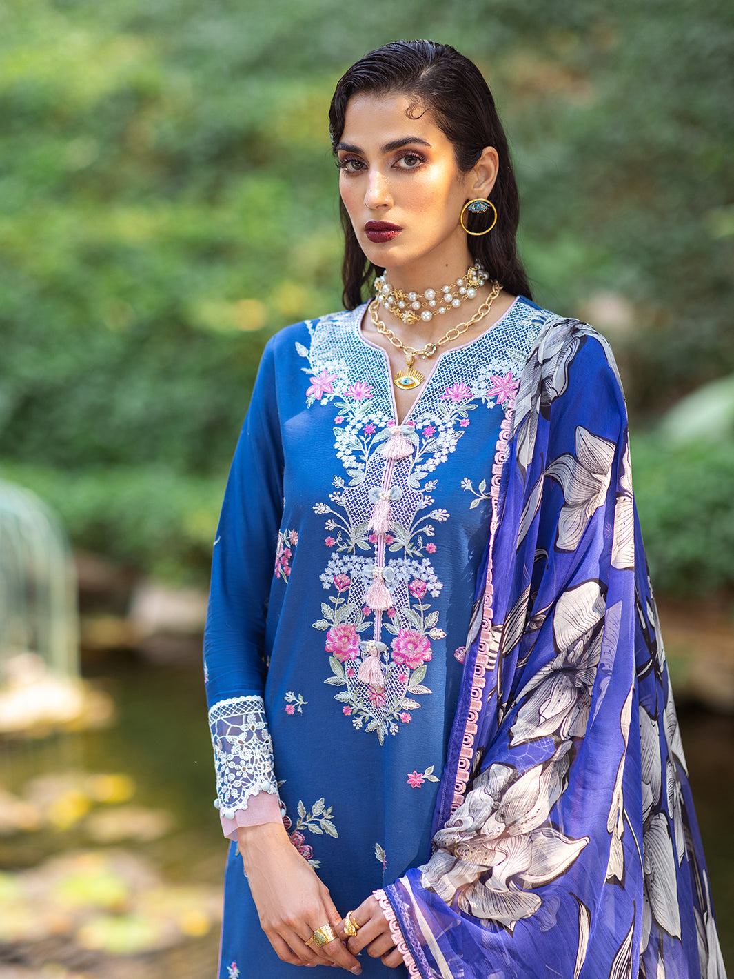 Roheenaz | Dahlia Embroidered Lawn 24 | Bluebell - House of Zarish