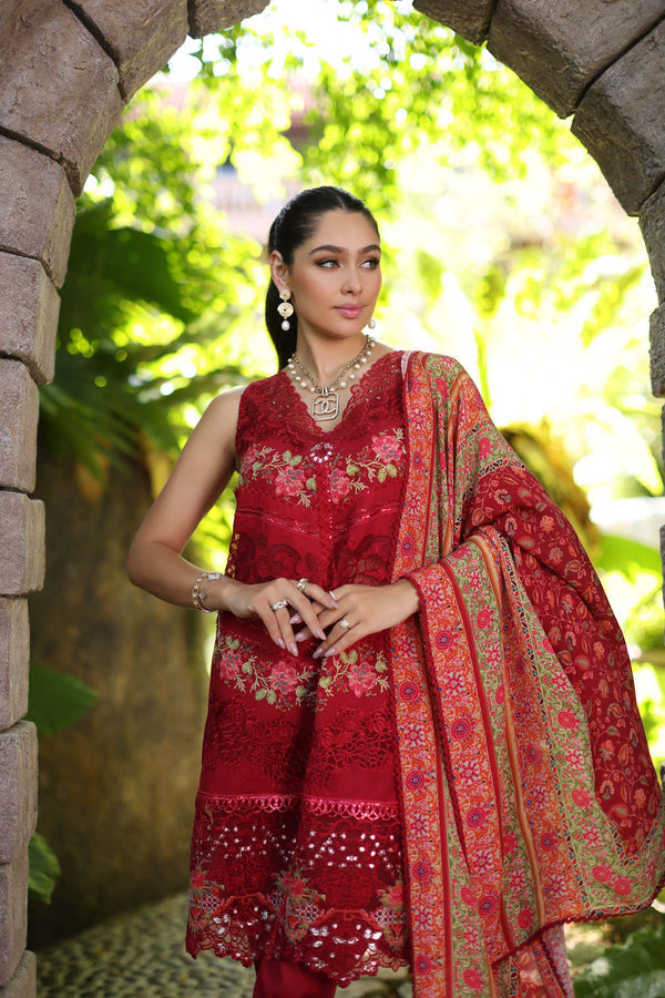 Noor by Saadia Asad | Luxury Chikankari Lawn24 | D12-A Red Chevron - House Of Anaya
