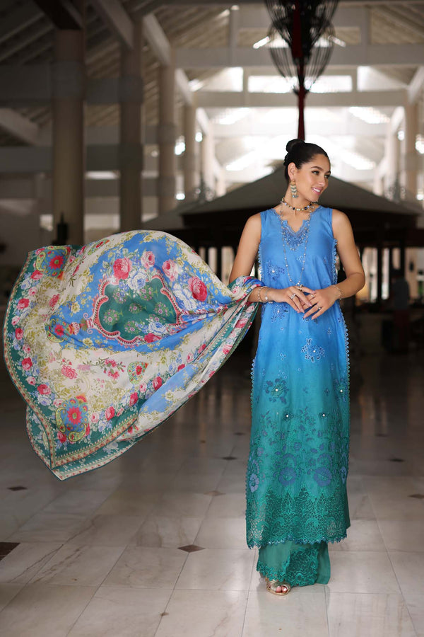 Noor by Saadia Asad | Luxury Chikankari Lawn24 | D5-B Blue Ombre - House Of Anaya